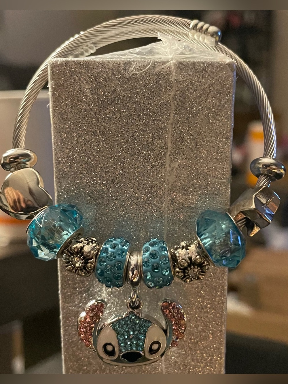 Stitch Silver Tone Blue Crystal Charm Bracelet with Stitch Pendant